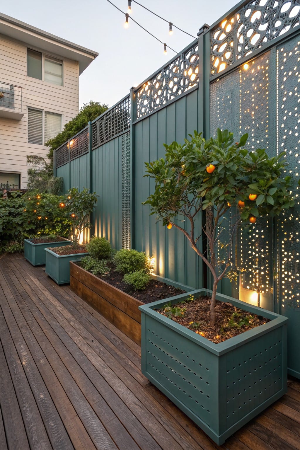 Wooden deck in a backyard with green perforated metal fence panels, matching planters holding citrus trees and other plants, string lights overhead, and uplights along the base.