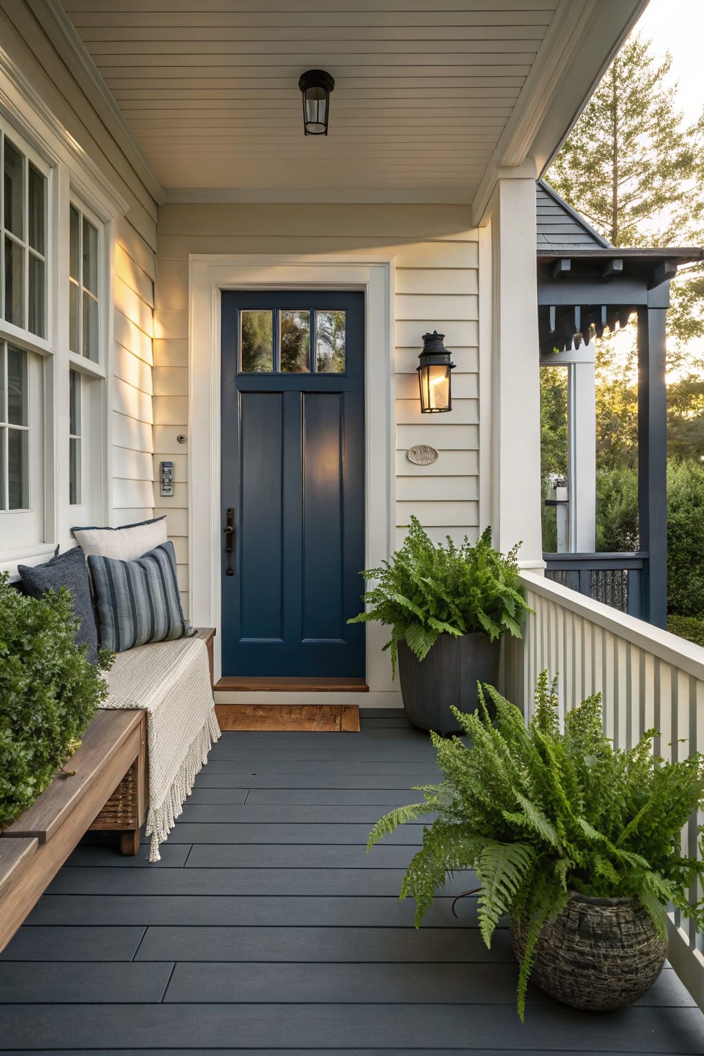Front porch deck with navy blue wood door, cushioned bench on wood base, potted ferns in black and woven baskets, white balustrade railing, and beige shingle siding.