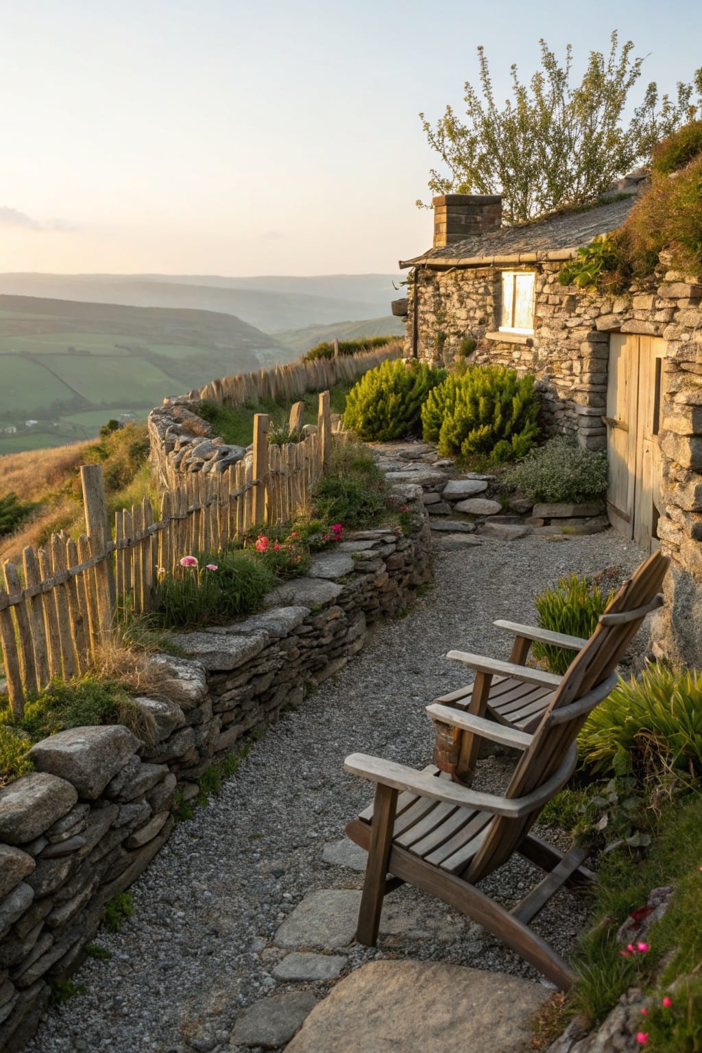 Stone cottage beside gravel path with two wooden Adirondack chairs, dry stone walls, wooden rail fence, shrubs and flowers on a grassy slope overlooking green valleys at sunset.
