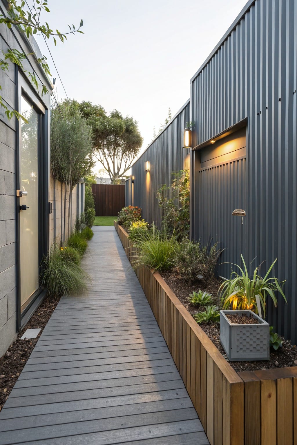 Narrow outdoor pathway of gray composite decking flanked by dark corrugated metal walls on one side and wooden raised planters filled with grasses and plants on the other.