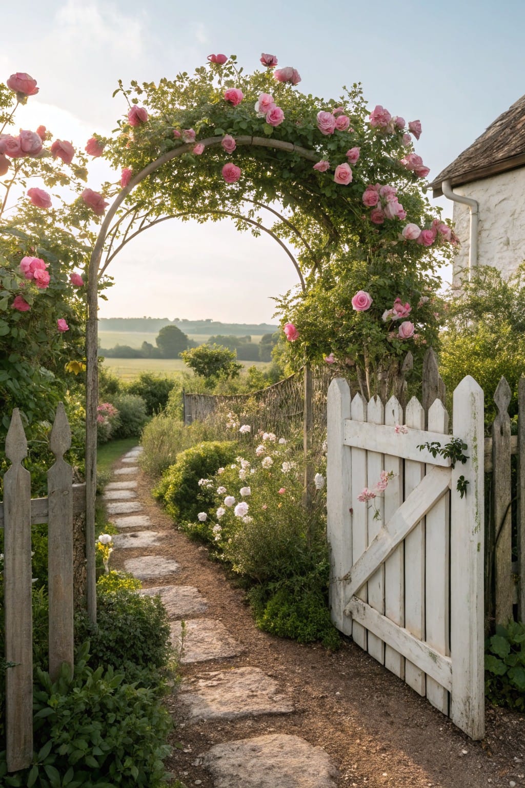 White picket garden gate beneath a metal archway covered in pink climbing roses, with a stone pathway through borders of flowers and shrubs leading toward fields.