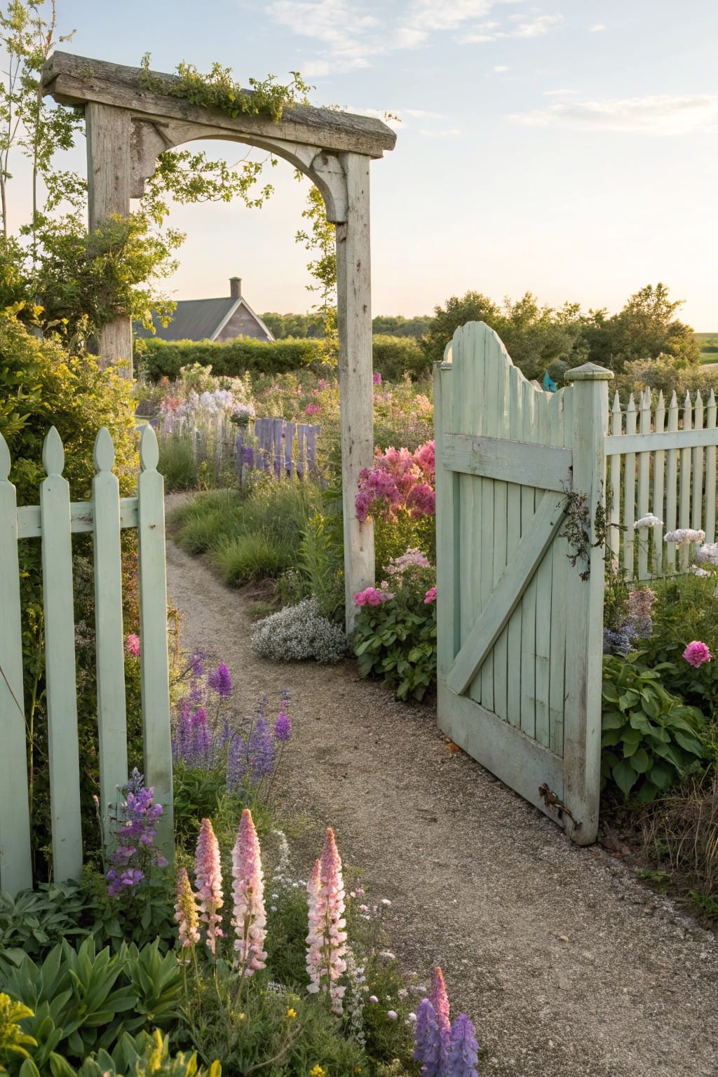 Open pale green picket fence gate under a weathered wooden arched trellis overgrown with vines, framing a gravel path lined with pink and purple flowers in a lush garden.