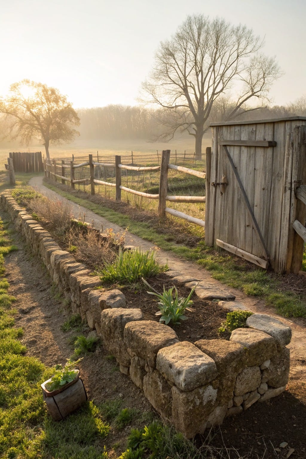 Gravel path bordered by a planted stone wall and rustic wooden split-rail fence leading to an open wooden shed gate, with trees and fields in the background under golden morning light.
