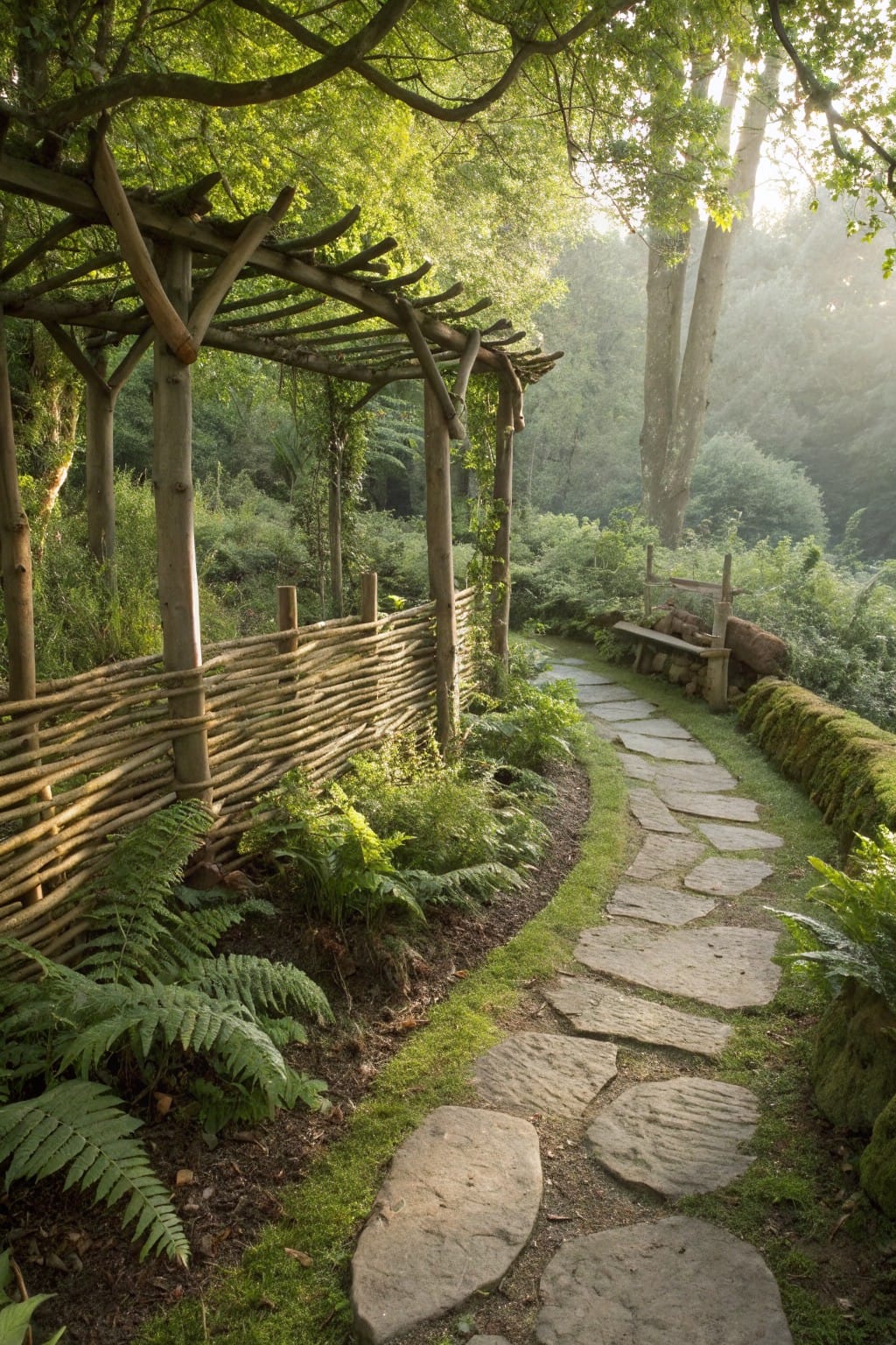 Winding flagstone path edged by a low woven willow branch fence amid dense ferns and moss in a wooded garden with a wooden pergola archway ahead.