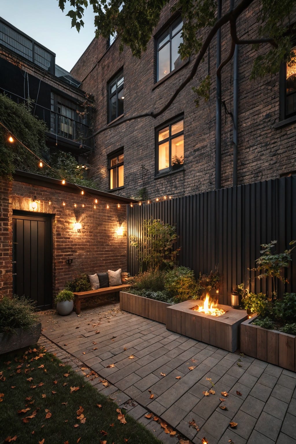 Brick-walled urban courtyard at dusk with tall black slatted fence, paver pathway, wooden bench and fire pit, string lights, and low planting beds.