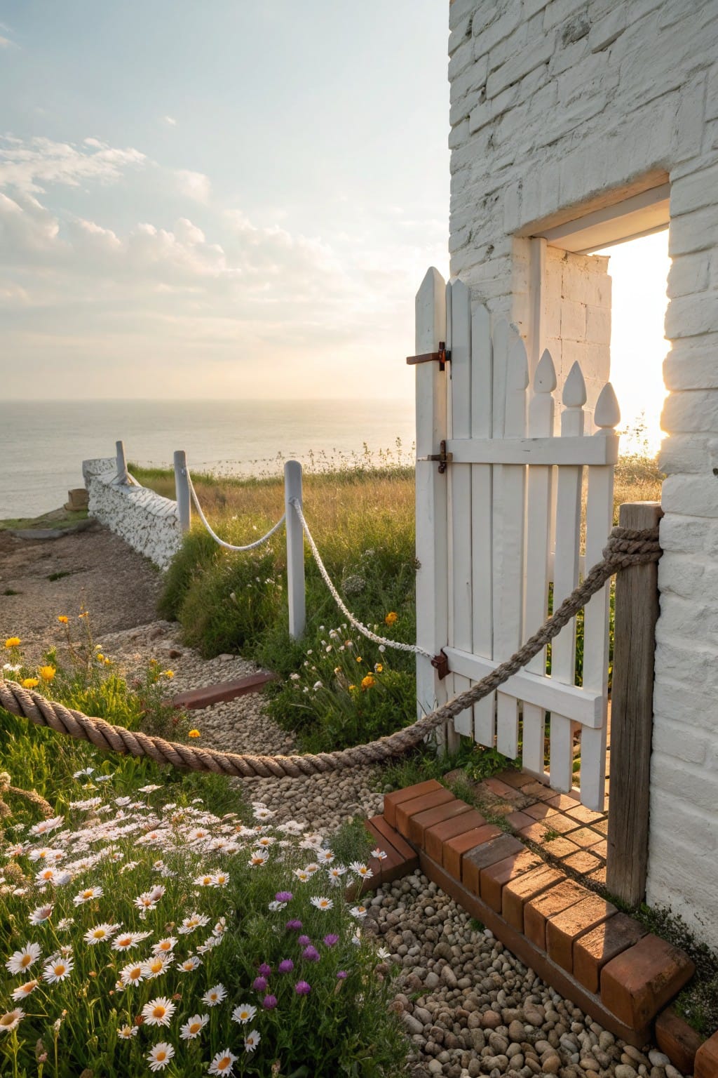 Open white picket gate next to a white stone wall with brick step, bordered by daisies, wildflowers, rope on post, gravel path, and distant ocean view at sunset.