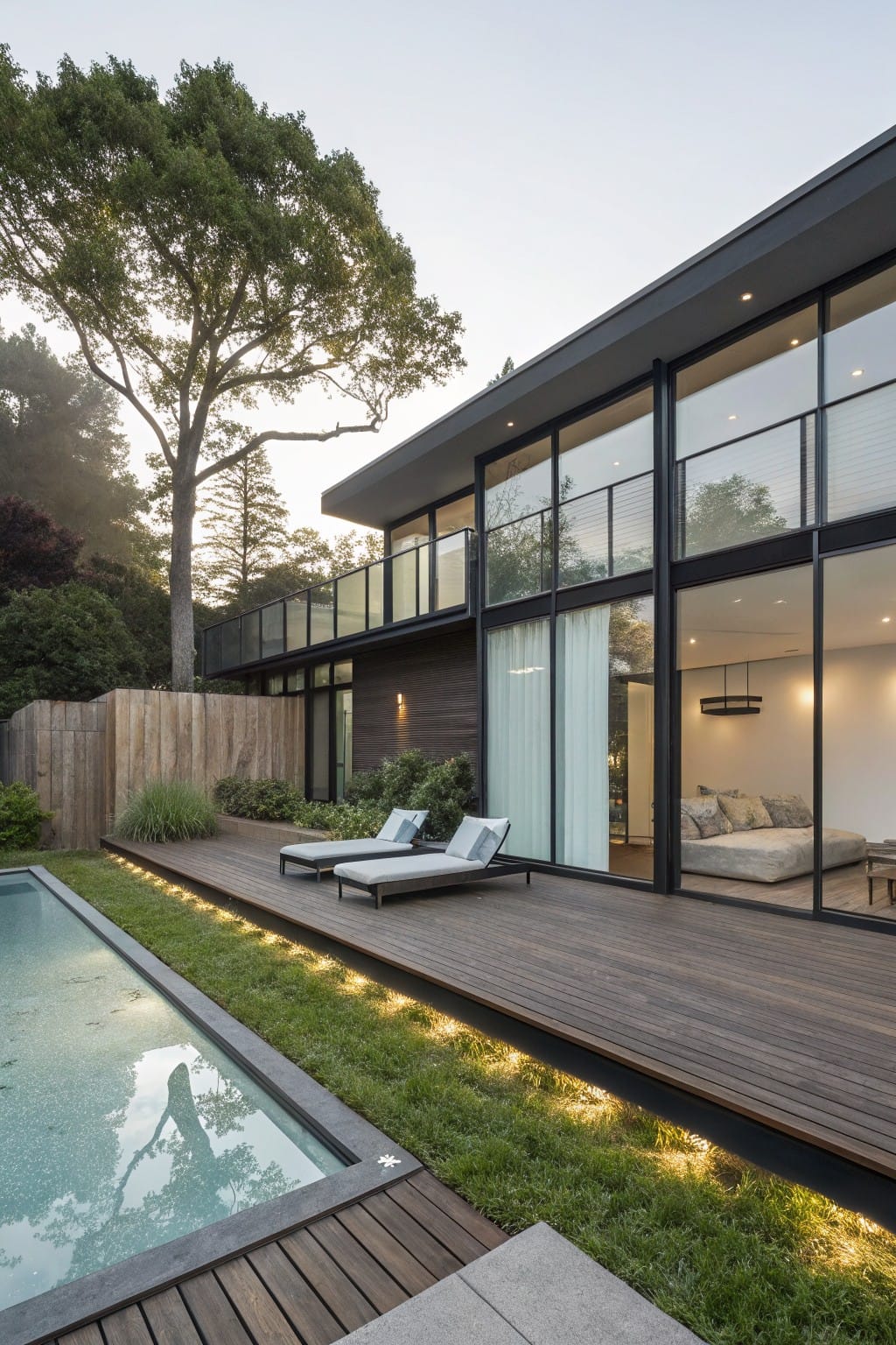 Backyard view of a modern house with large glass sliding doors opening to a wooden deck and infinity-edge pool, lounge chairs on the deck, wooden slat fence along one side, and surrounding trees and grasses.