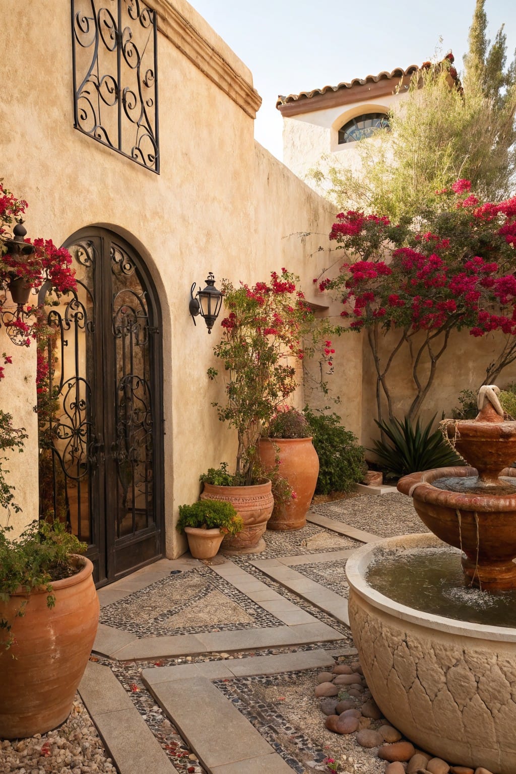 Beige stucco walls enclose a courtyard featuring a tall black wrought iron arched gate flanked by bougainvillea vines, terracotta pots, and a large stone fountain with a pebble mosaic pathway.