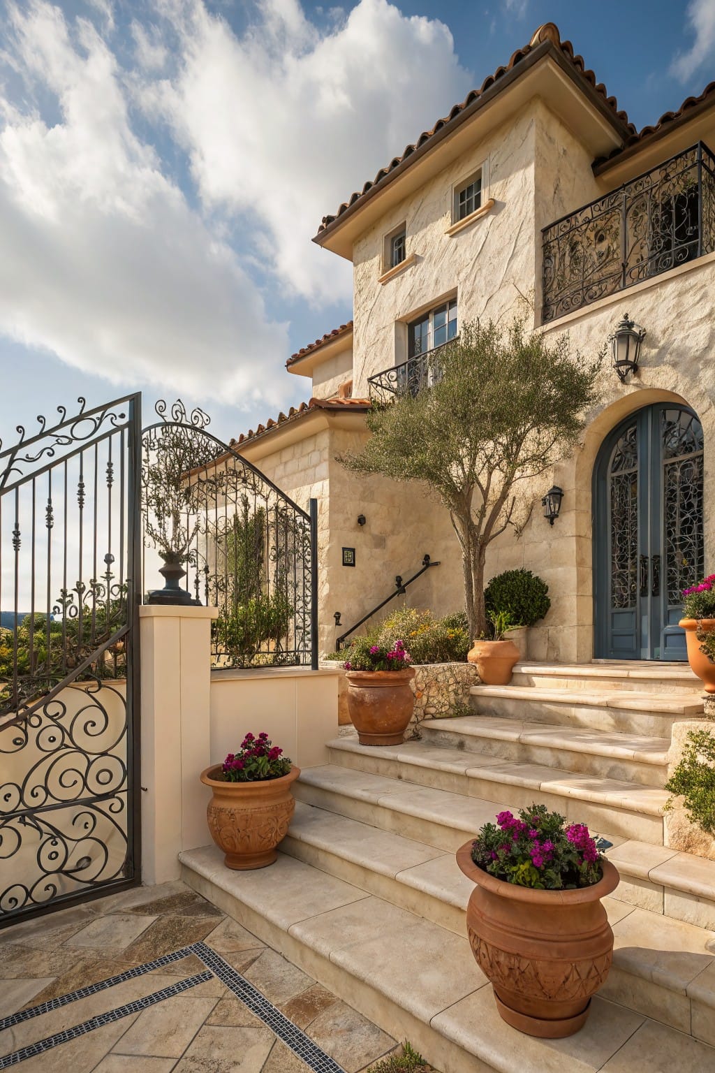 Beige stucco house with terracotta tile roof, ornate black wrought iron gate, stone steps leading to arched blue door with iron grille, terracotta pots with pink flowers, olive tree, and shrubs under partly cloudy sky.