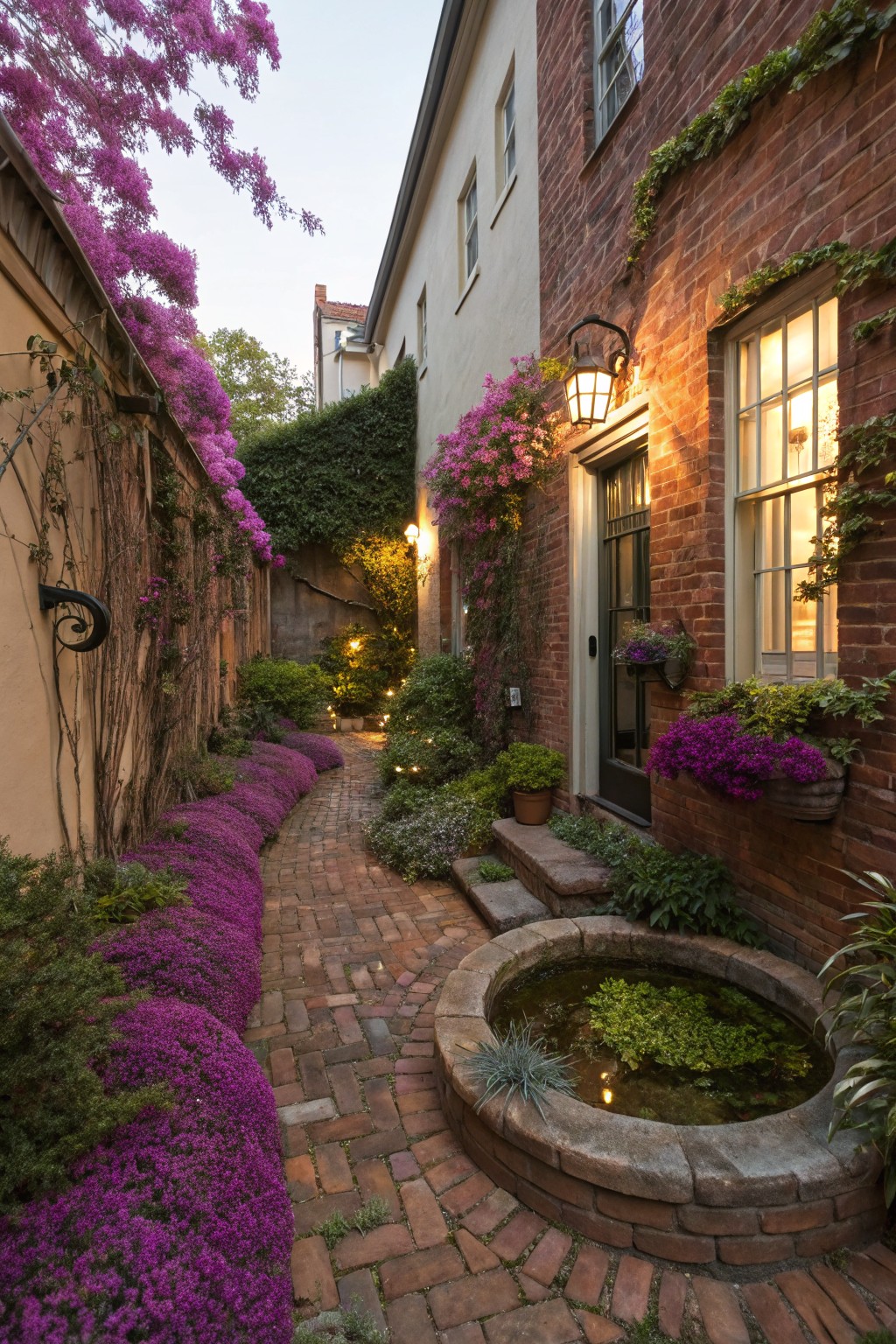 Narrow brick pathway lined with low purple phlox plants leading to a house door, bordered by ivy-covered walls, bougainvillea vines, a small stone fountain, and wall lanterns.