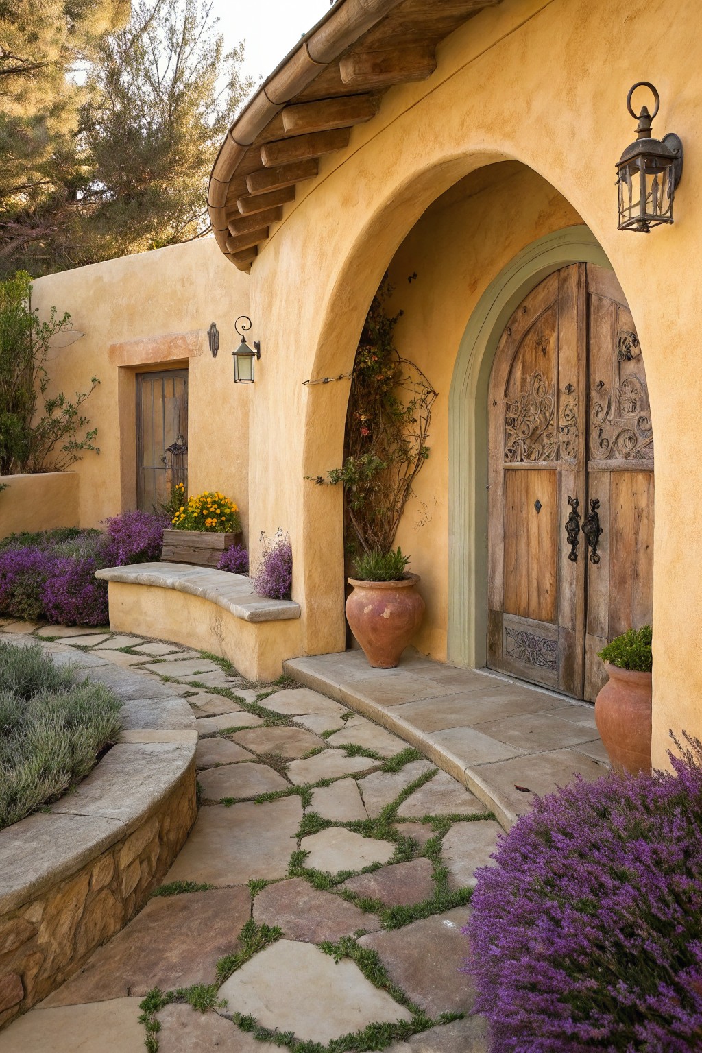Yellow stucco adobe house exterior with curved walls, arched wooden front door, stone walkway edged by purple lavender bushes, terracotta pots, potted plants, and wall lanterns.