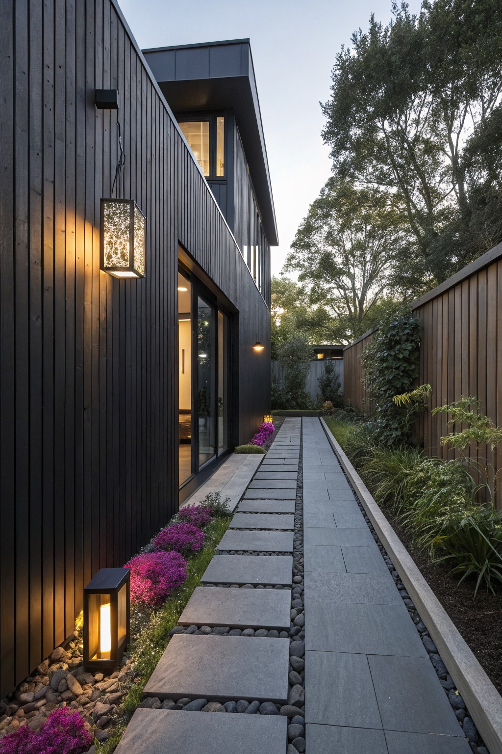 Dark wood-clad modern house beside a slate tile pathway edged with purple phlox flowers, ornamental grasses, pebbles, and lit by hanging and ground lanterns at dusk.