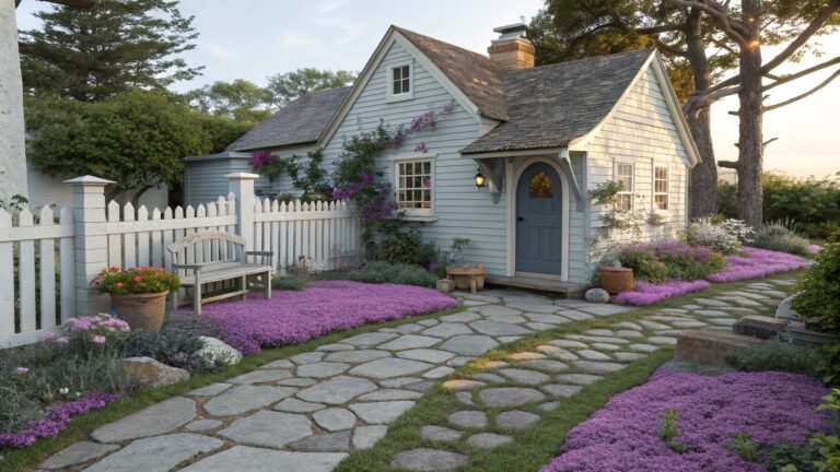 22 Colorful Phlox Landscaping Ideas That Spread With Ease Light blue cottage with arched turquoise door and white picket fence, stone pathway lined with dense pink phlox groundcover.