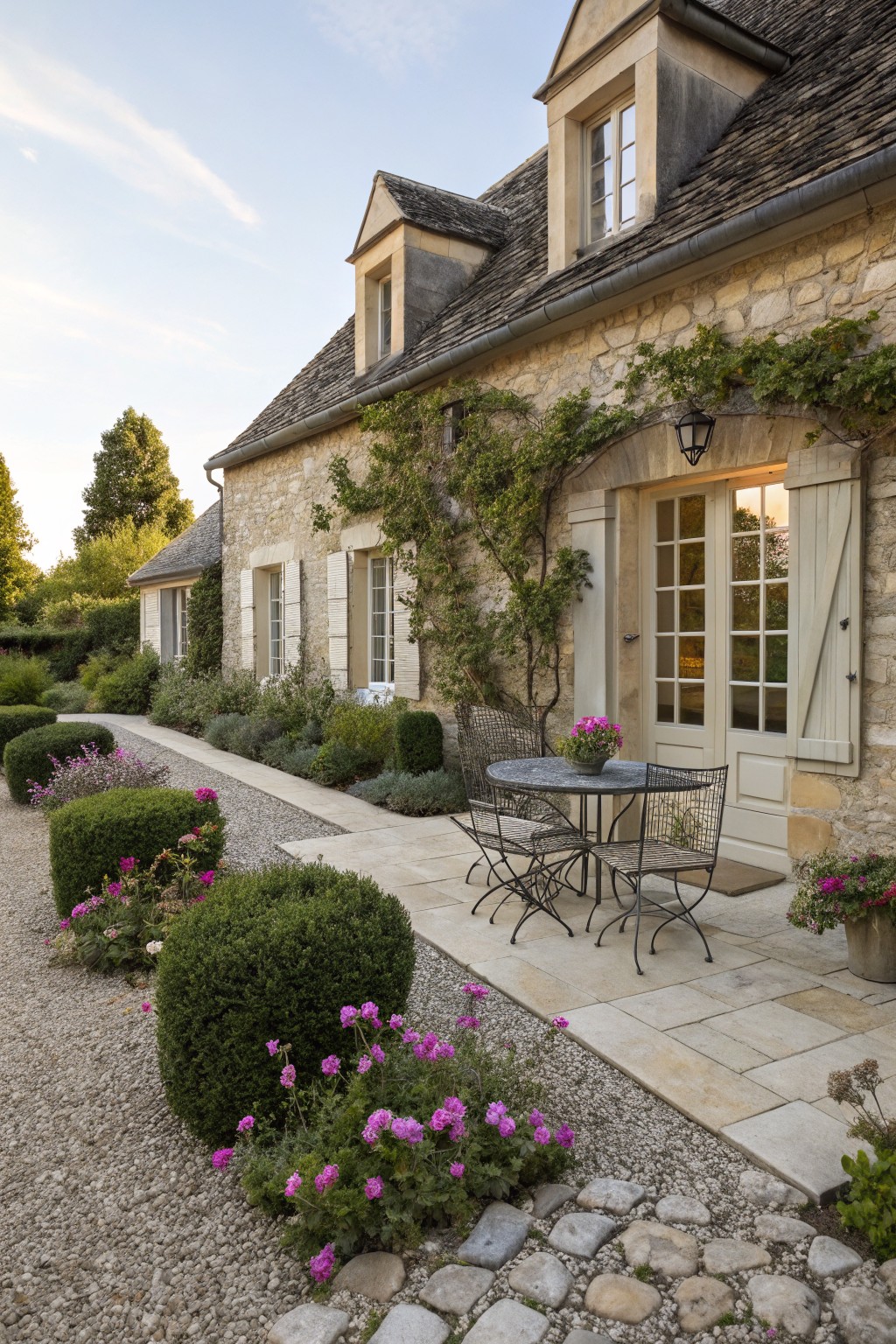 Beige stone house with sloped roof and dormers, ivy on walls, open French doors to stone patio holding metal bistro table with chairs and potted plants, gravel path edged by boxwood shrubs and pink flowers.