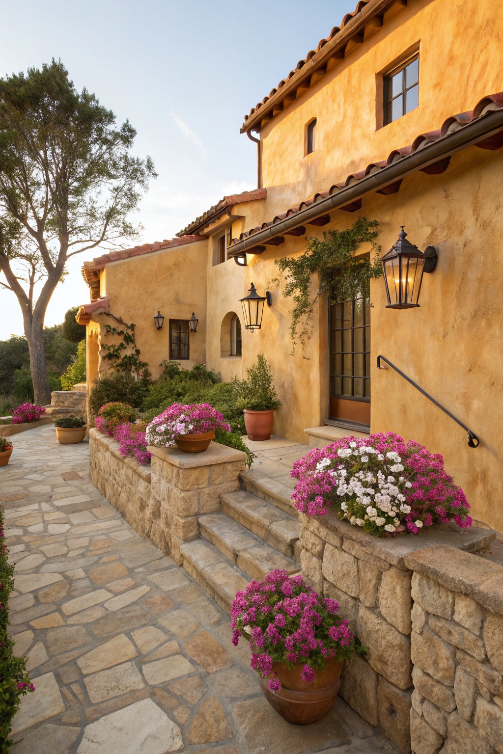 Ochre stucco house exterior with red tile roof and a stone pathway leading up steps to the entry door, bordered by pink and purple flowering plants in terracotta pots on stone walls, plus wall lanterns and vines.