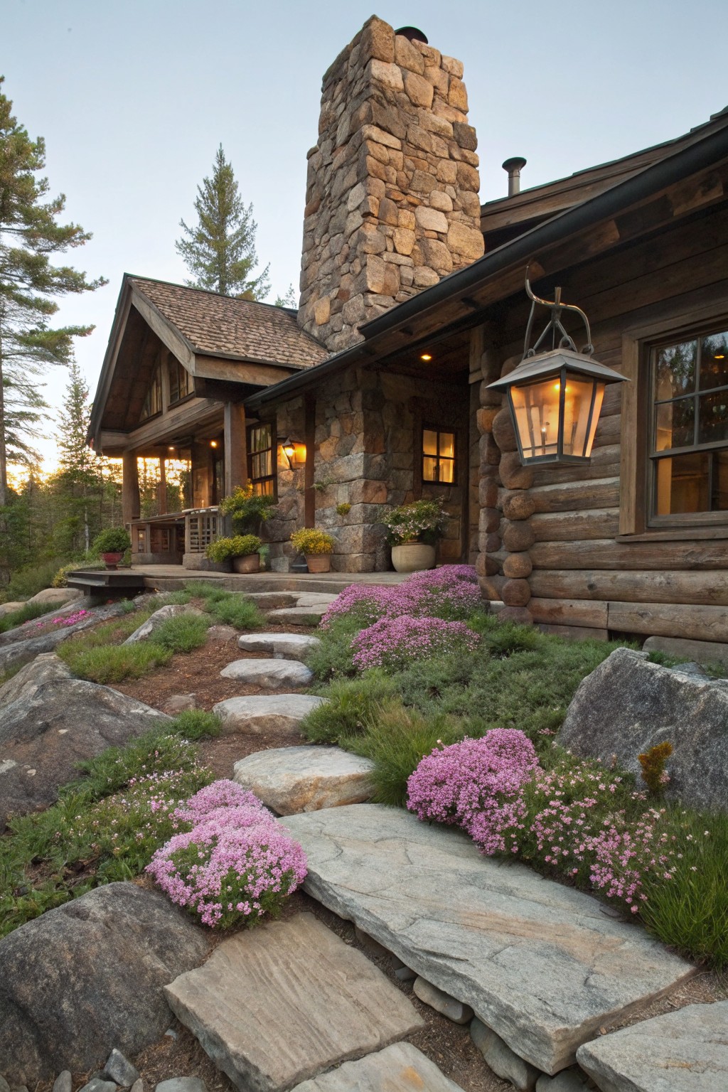Log cabin home with stone chimney, wooden siding, covered porch with lanterns and potted plants, and irregular stone steps winding up through rocks edged by pink phlox clusters.