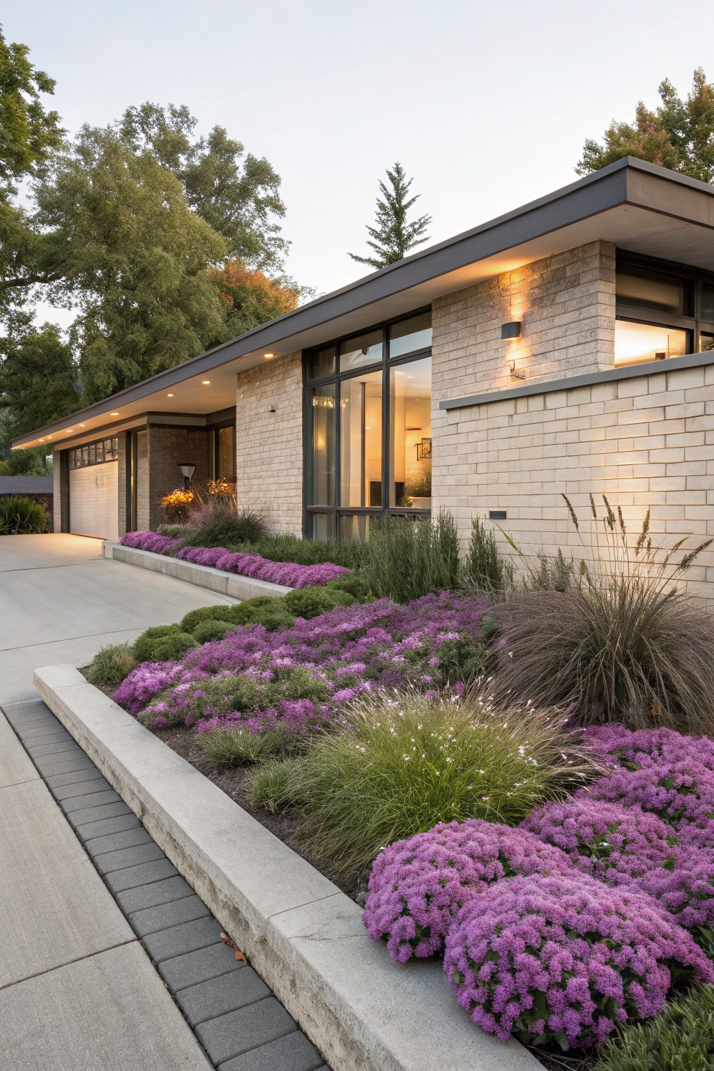 Modern house with brick walls, large windows, and a concrete driveway edged by raised beds of purple phlox flowers mixed with grasses and shrubs.