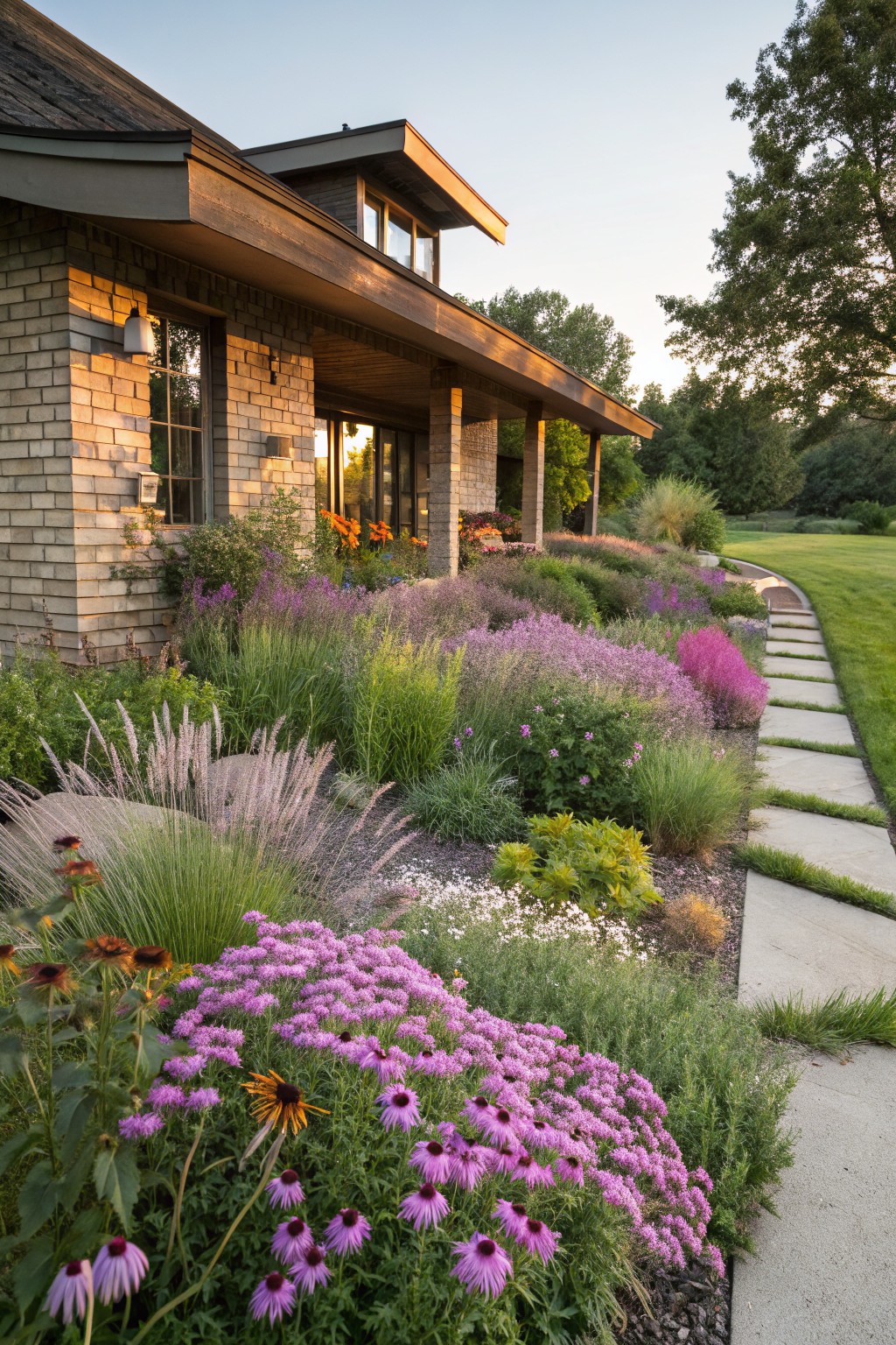 Brick house with wood porch and path edged by dense planting of pink phlox, purple flowers, grasses, and coneflowers leading across lawn to curved driveway at dusk.