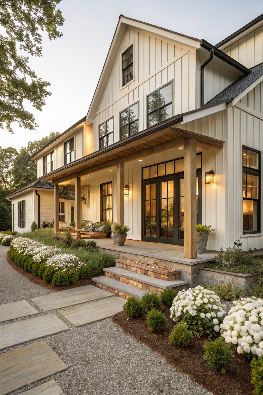 White board-and-batten house with black windows and wraparound porch, stone steps and bluestone path bordered by white phlox clusters, boxwood shrubs, grasses, and gravel mulch.