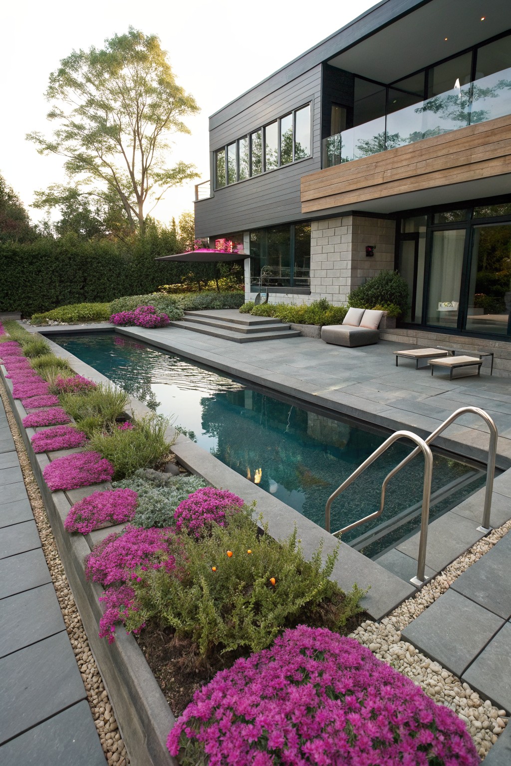 Modern house with gray siding and wood accents beside a long narrow pool edged by dense pink Phlox in raised stone planters on a slate deck with lounge chairs.