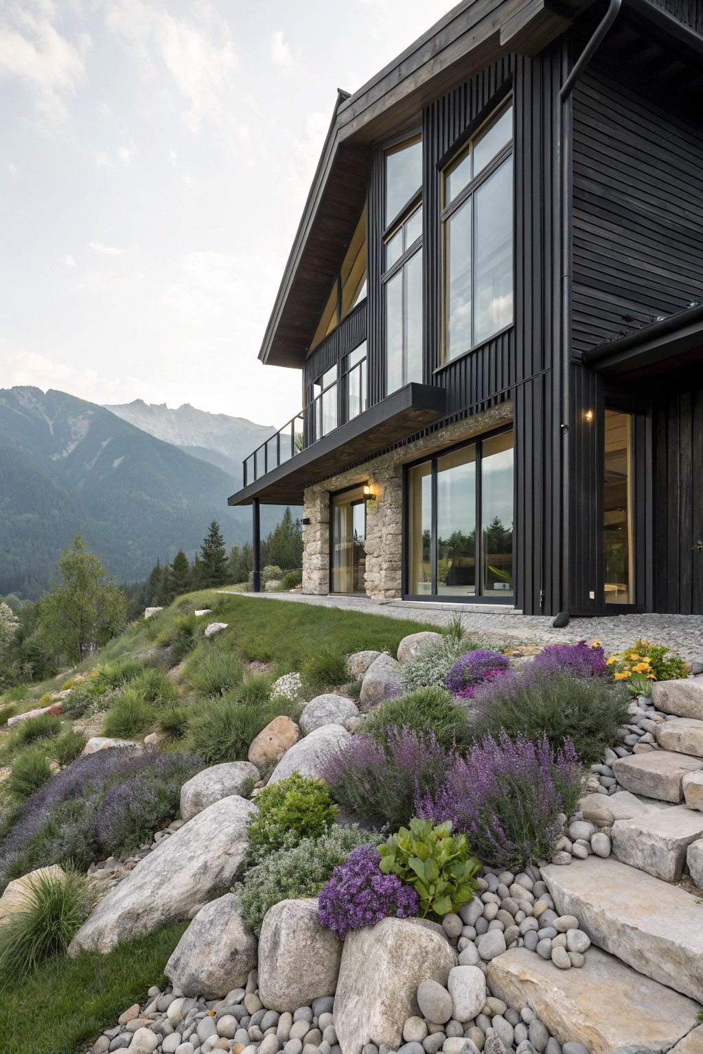 Side view of a modern black wood-clad house on a slope with large glass windows, balcony, stone base, and surrounding landscaping of large boulders, purple flowering plants, grasses, gravel, and stone steps, with mountains in the background.