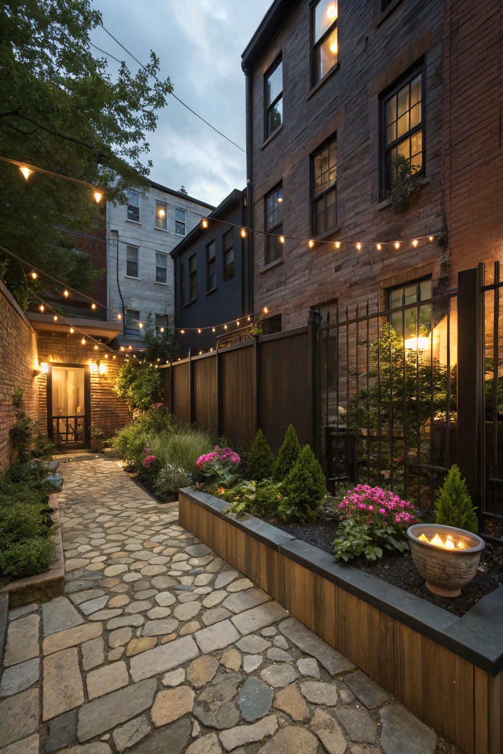 Stone pathway in a narrow brick-walled backyard at dusk, bordered by wooden raised planters with pink phlox flowers, grasses, shrubs, and a fire bowl.