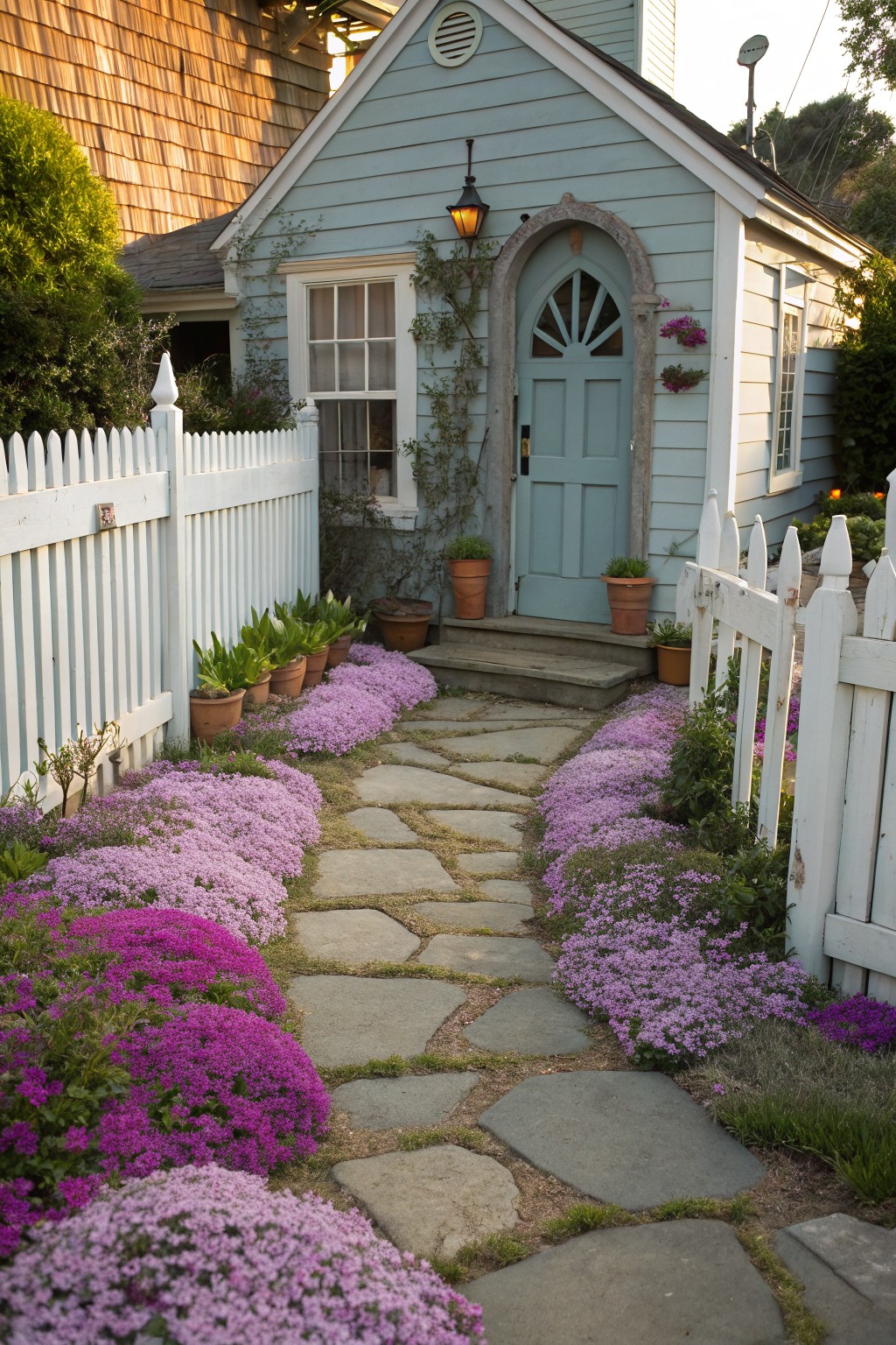 Light blue cottage with arched turquoise door and white picket fence, stone pathway lined with dense pink phlox groundcover.