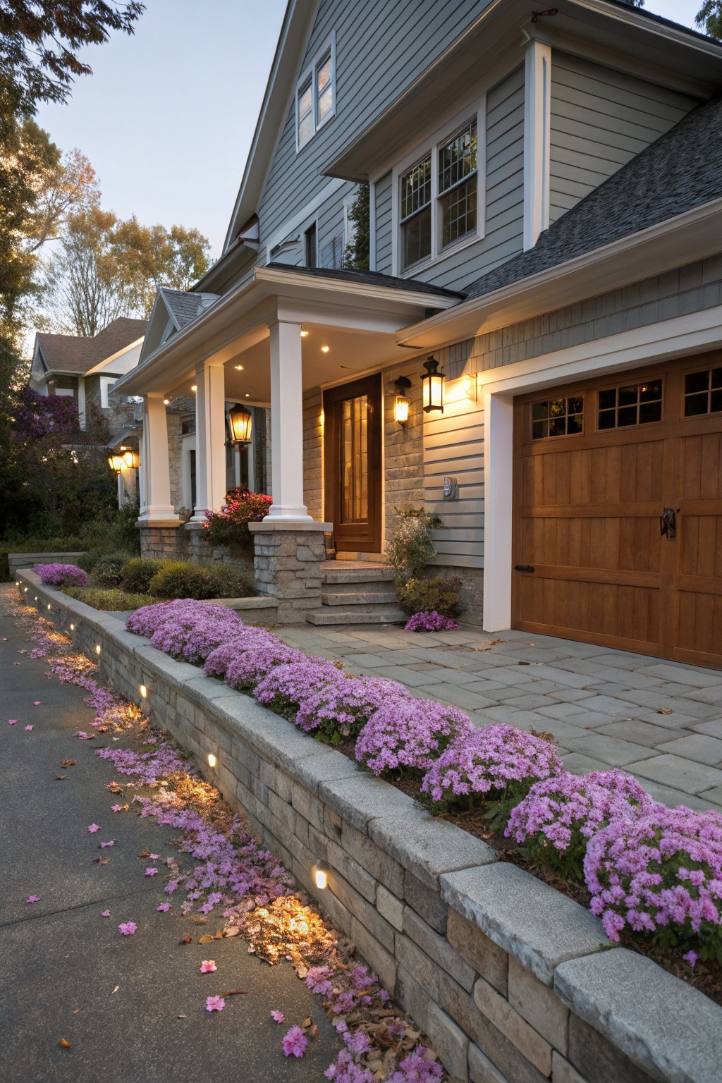 Gray shingle-style house with covered porch, wooden garage doors, stone steps, and pink phlox planted along a low retaining wall bordering the driveway at dusk with pathway lights.
