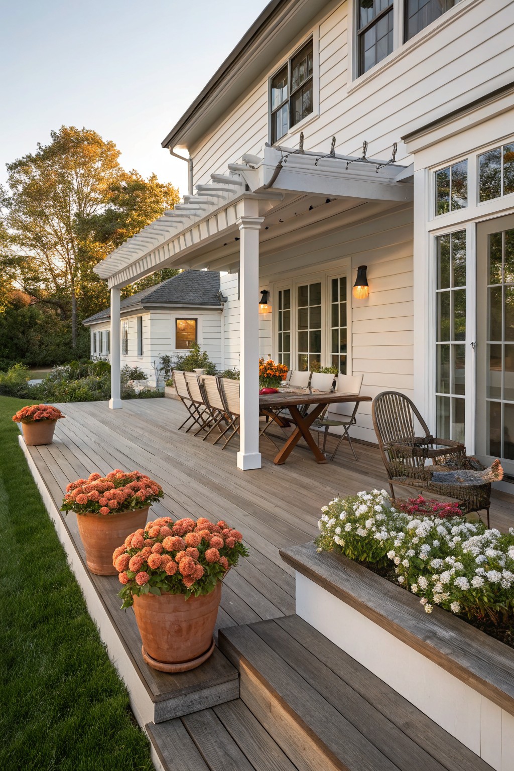 White clapboard house beside a large elevated wooden deck with pergola cover, dining table and chairs, large terracotta pots of orange clustered flowers along the deck edge near steps to lawn, built-in planter box with white flowers, and autumn trees nearby.
