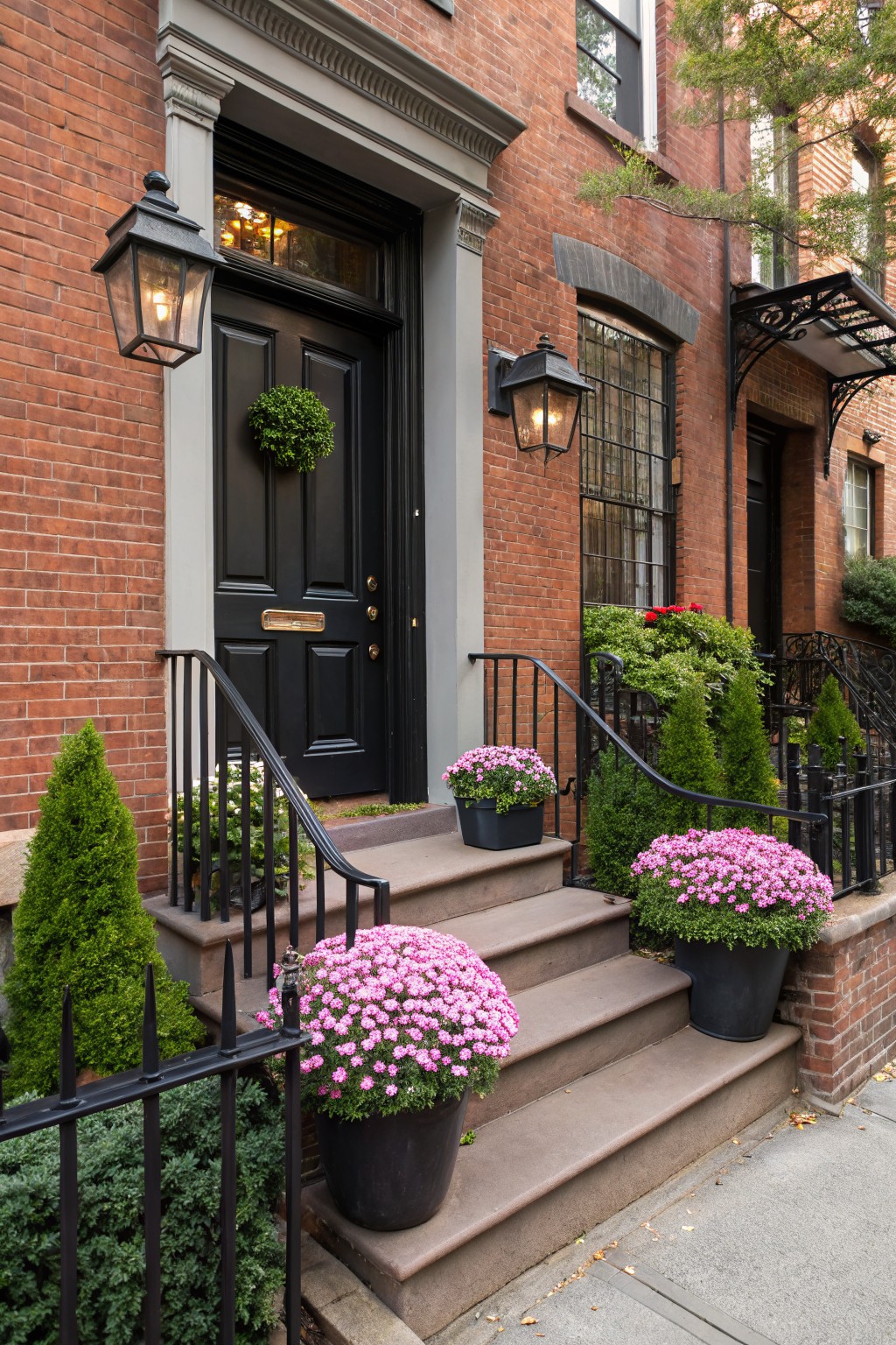 Brick townhouse exterior with brownstone steps to a black front door, black pots of pink mums on the steps, iron railing, lanterns, and evergreen shrubs.