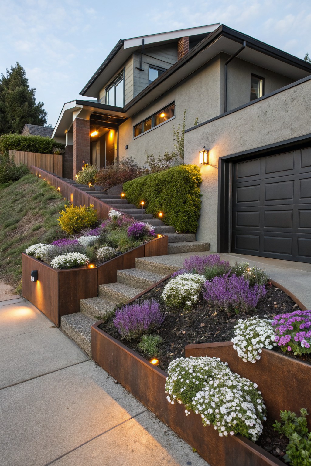Modern gray stucco house on a hillside with concrete stairs lined by corten steel raised planters filled with purple and white flowers, yellow shrubs nearby, and low-voltage lighting along the steps and garage.