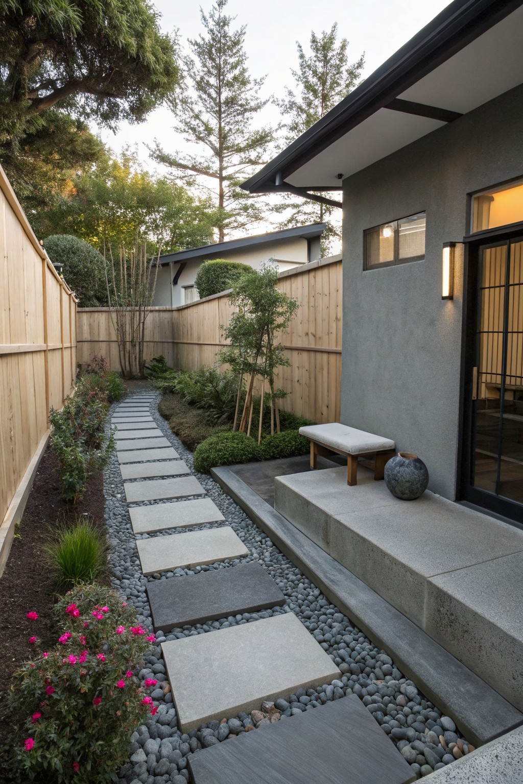 Narrow garden path of rectangular gray and black stepping stones set into white pebble gravel, edged with low green shrubs bearing pink flowers and other plants, leading to a concrete step and modern gray stucco house wall with sliding glass door, wooden bench, and stone pot.