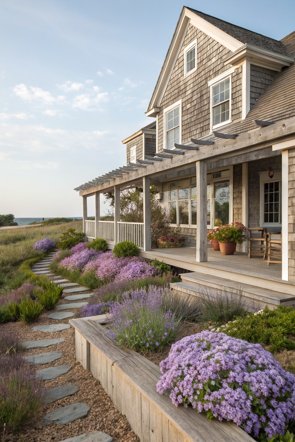 Cedar shingle house with elevated wraparound porch and pergola, stone pathway lined with purple phlox and lavender plants leading uphill from grassy oceanfront yard.