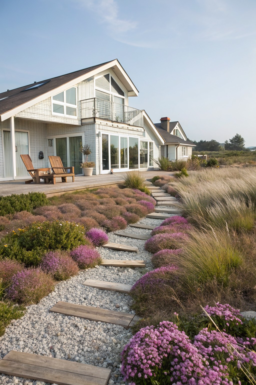 White modern house with sloped roof, deck chairs, and glass walls next to a gravel path with wooden stepping stones winding through beds of purple flowering plants and tall grasses near coastal dunes.