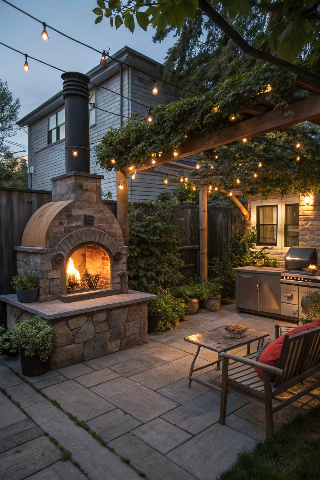 Backyard patio with a lit stone pizza oven on a stone base, string lights overhead on a vine-covered pergola, stainless steel grill kitchen, potted plants, and wooden bench seating on stone pavers.