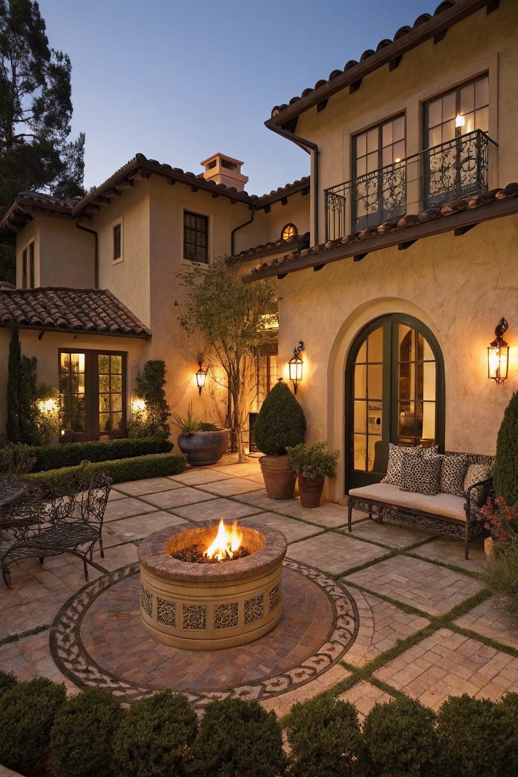 Dusk view of backyard patio with central circular stone fire pit on patterned paver tiles, surrounded by metal chairs, cushioned bench, potted plants, lanterns, boxwood shrubs, and adjacent beige stucco house with arched doors and balcony.