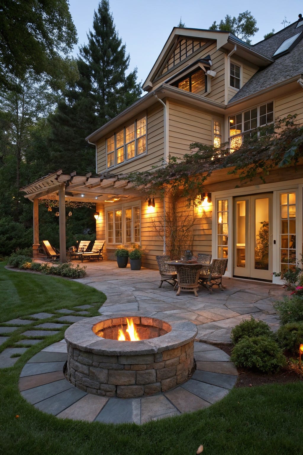 Two-story house with beige siding and large windows viewed from backyard at dusk, featuring a pergola-covered patio with lounge chairs and table, French doors, landscaping, and a central stone fire pit in a circular paved area surrounded by grass.
