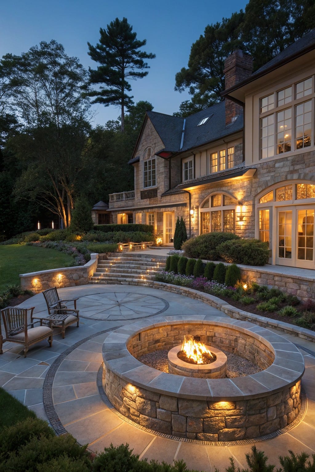 Backyard stone patio at dusk with central circular raised fire pit, two Adirondack chairs, steps leading to house, low shrubs, and landscape lighting.