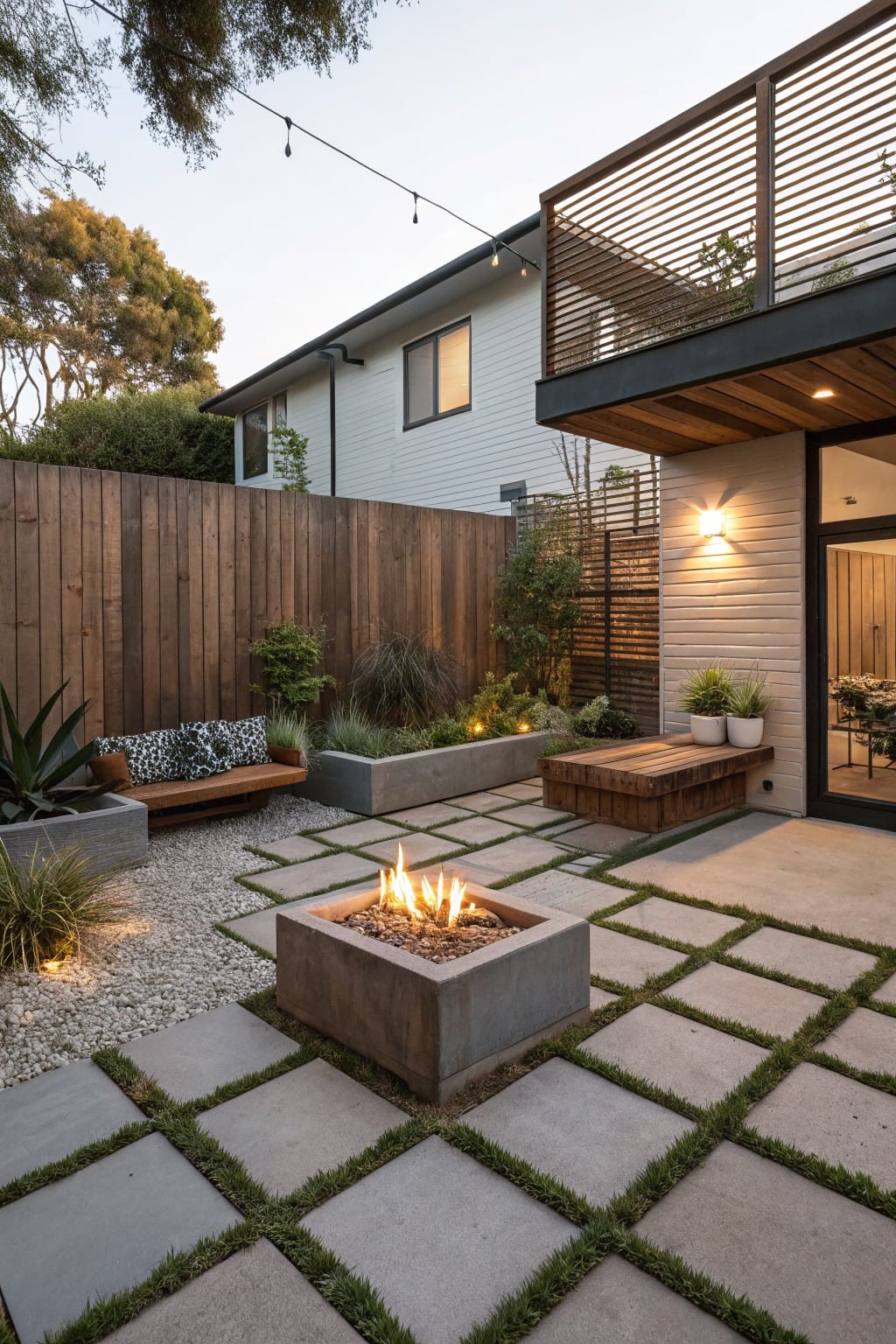 Backyard patio with central square concrete fire pit in raised planter bed surrounded by gravel and plants, wooden benches on planters, concrete pavers with grass joints, string lights overhead, and glass doors to modern house.