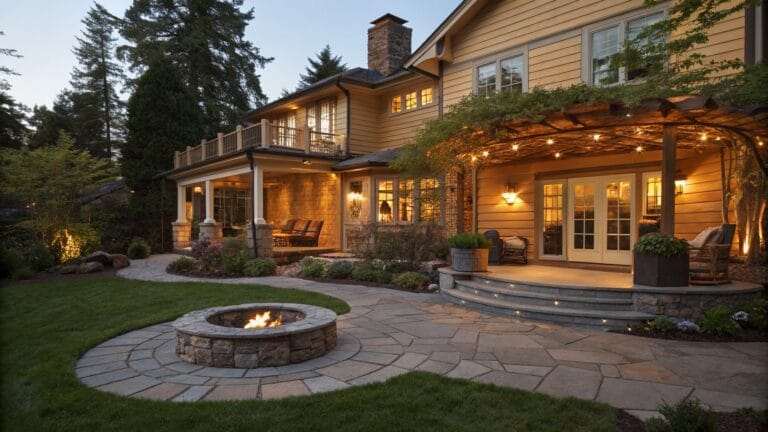 Two-story house with beige siding and large windows viewed from backyard at dusk, featuring a pergola-covered patio with lounge chairs and table, French doors, landscaping, and a central stone fire pit in a circular paved area surrounded by grass.