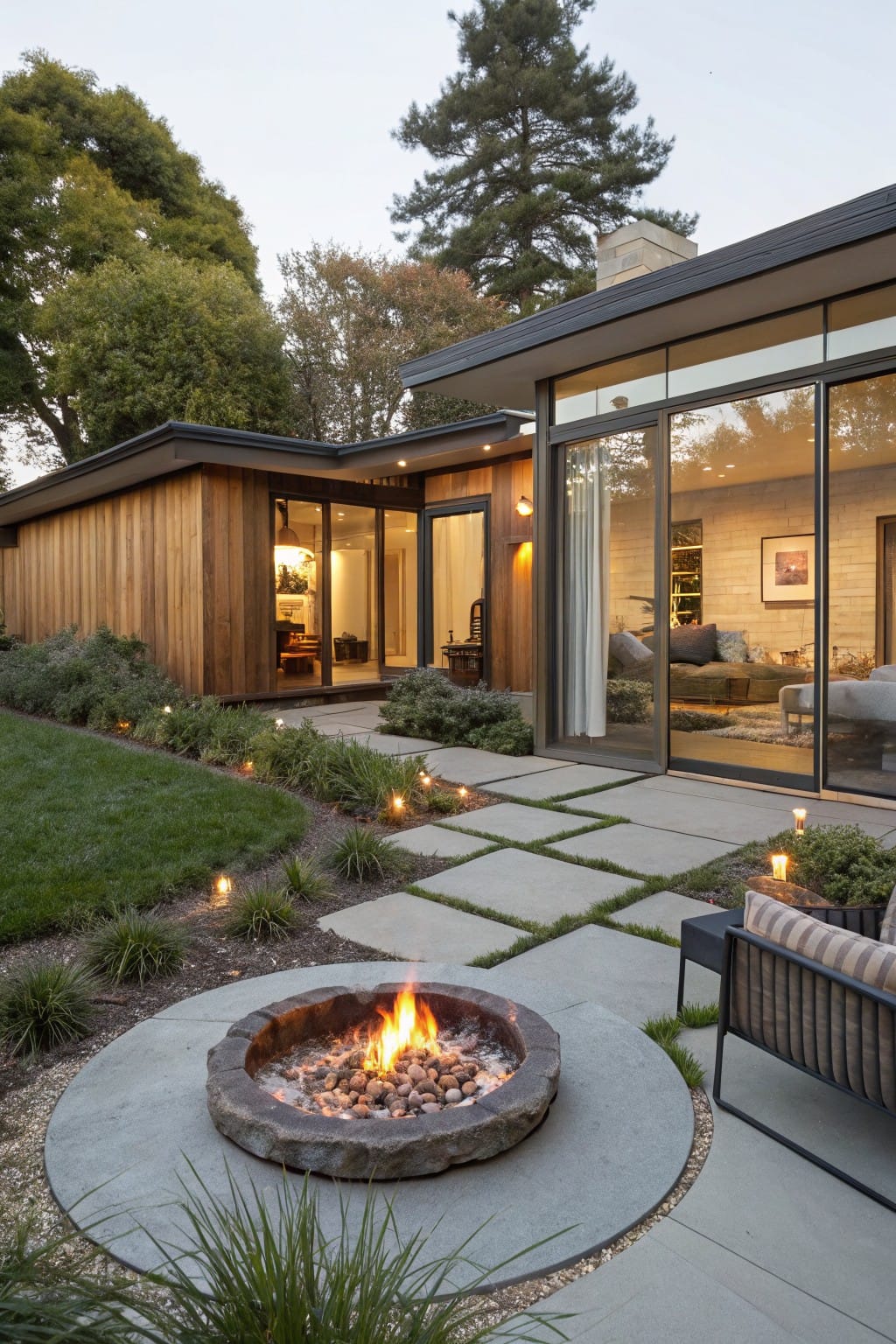 Backyard patio area with a lit circular stone fire pit on a concrete pad edged in stone, surrounded by grasses and plants, a stone paver pathway leading to glass doors on a wood-sided house extension, low modern seating, and evening candle lights.