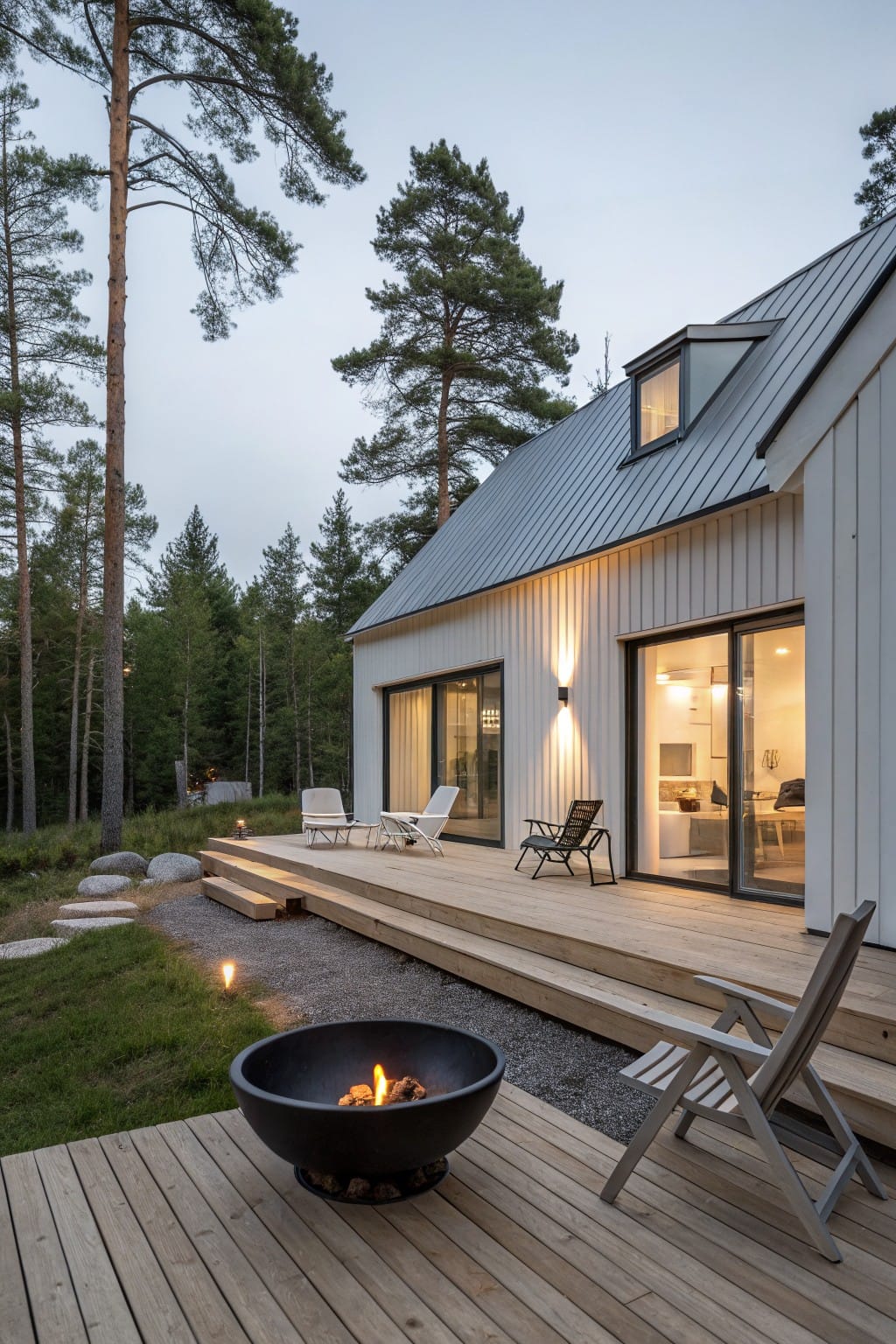 White clapboard house with metal roof and large glass doors opening onto a wooden deck that holds a black metal fire pit, several chairs, and a stone path leading through grass and trees at dusk.
