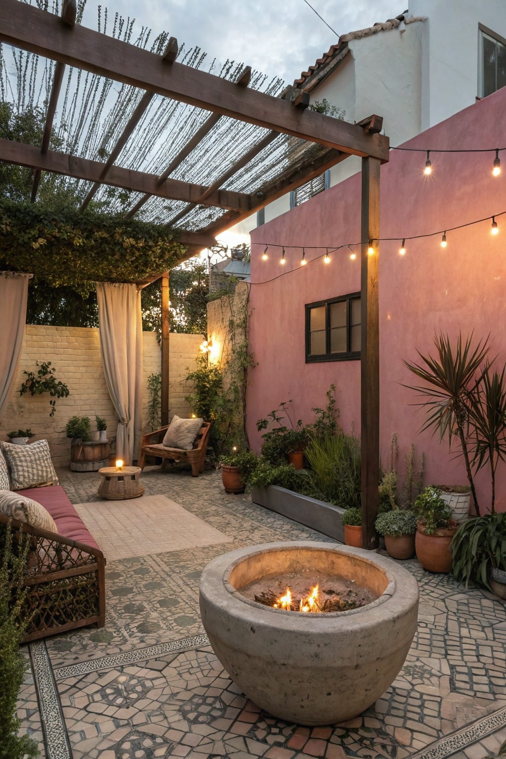 Backyard patio featuring a central large concrete bowl fire pit with flames, surrounded by low rattan seating on patterned tile floor under a reed-covered wooden pergola with string lights, next to a pink stucco wall and potted plants.