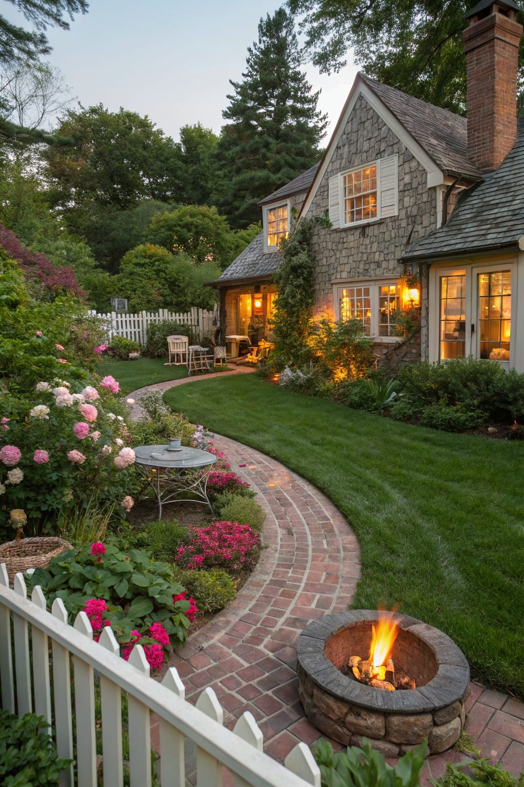 Backyard scene with a curved red brick pathway through lush green gardens and pink hydrangea bushes leading to a circular stone fire pit, next to a shingled house with lanterns and a white picket fence.
