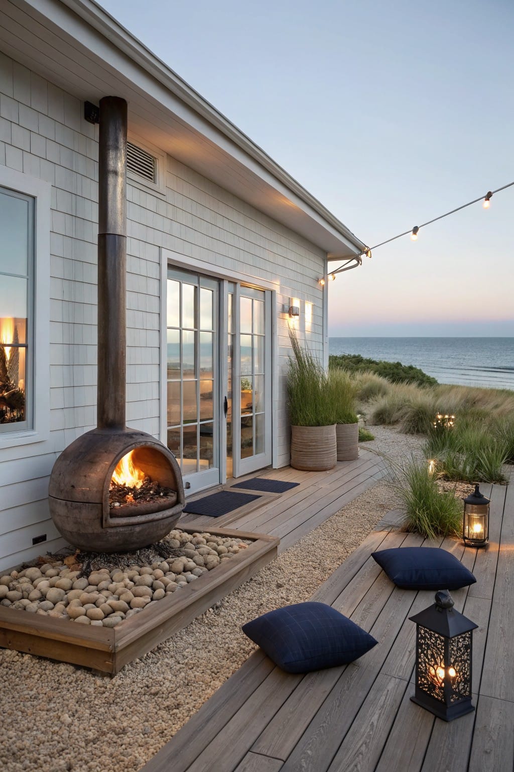 White shingled house with sliding glass doors opening onto a wooden deck that holds a large spherical fire pit in a pebble bed, beach grass plantings, lanterns, pillows, and string lights, with ocean in the background at dusk.