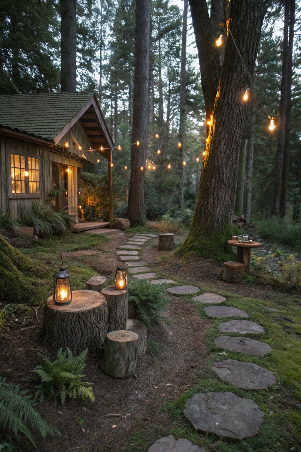 Green-roofed wooden cabin in a forested backyard with a winding stone path lined by lanterns on tree stumps and string lights hanging from trees.