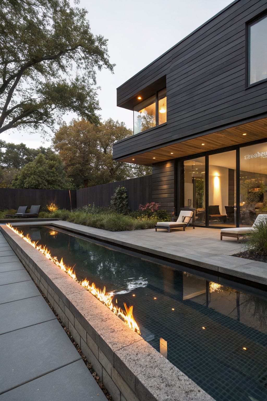 Contemporary black-clad house with large glass walls overlooking a narrow rectangular pool edged by continuous gas flames on one side, concrete patio with lounge chairs, trees, and low landscaping.