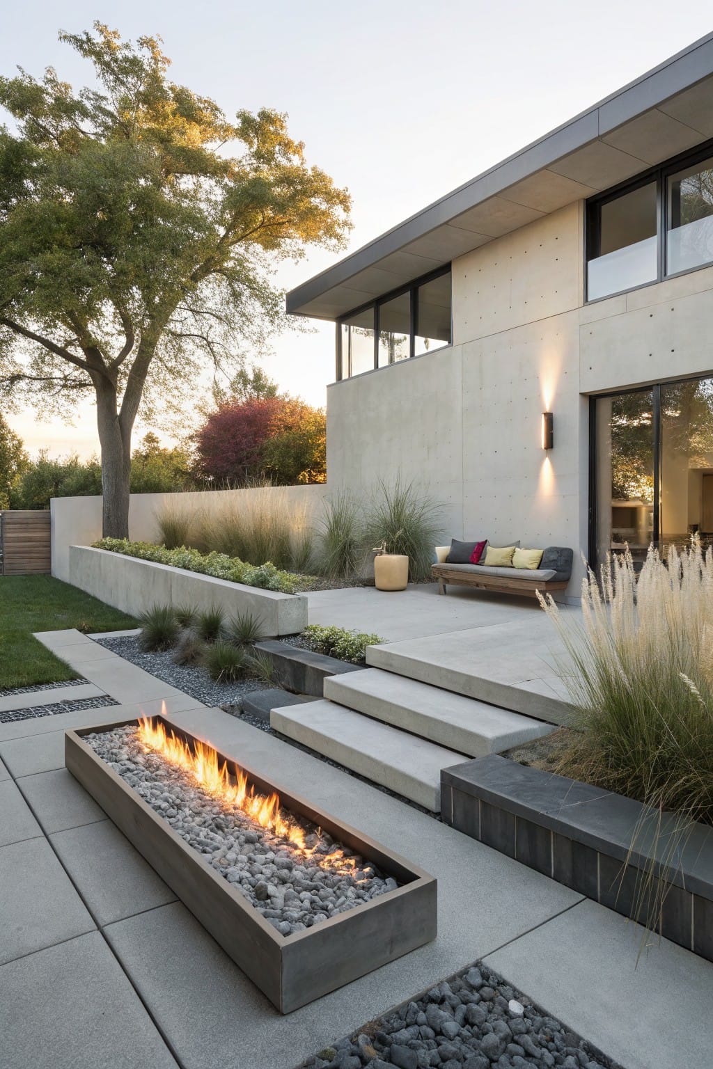 Backyard patio featuring a long linear gas fire pit embedded in concrete steps leading to a modern house, with ornamental grasses, a cushioned bench, and a tree in the background.