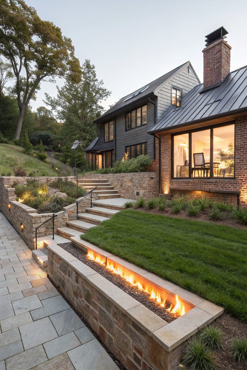Linear Fire Pit in Stone Wall