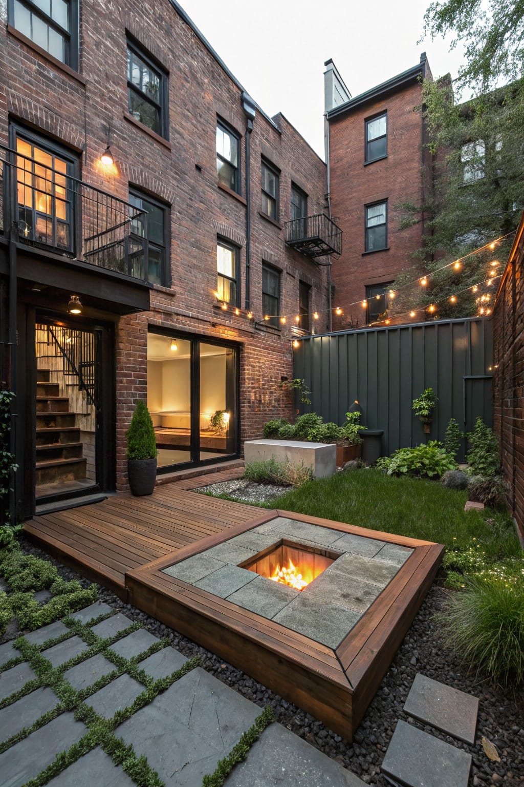 Wooden deck in urban brick-walled backyard with recessed square stone fire pit containing flames, surrounded by grass, plants, gravel stepping stones, string lights, and glass doors from house.